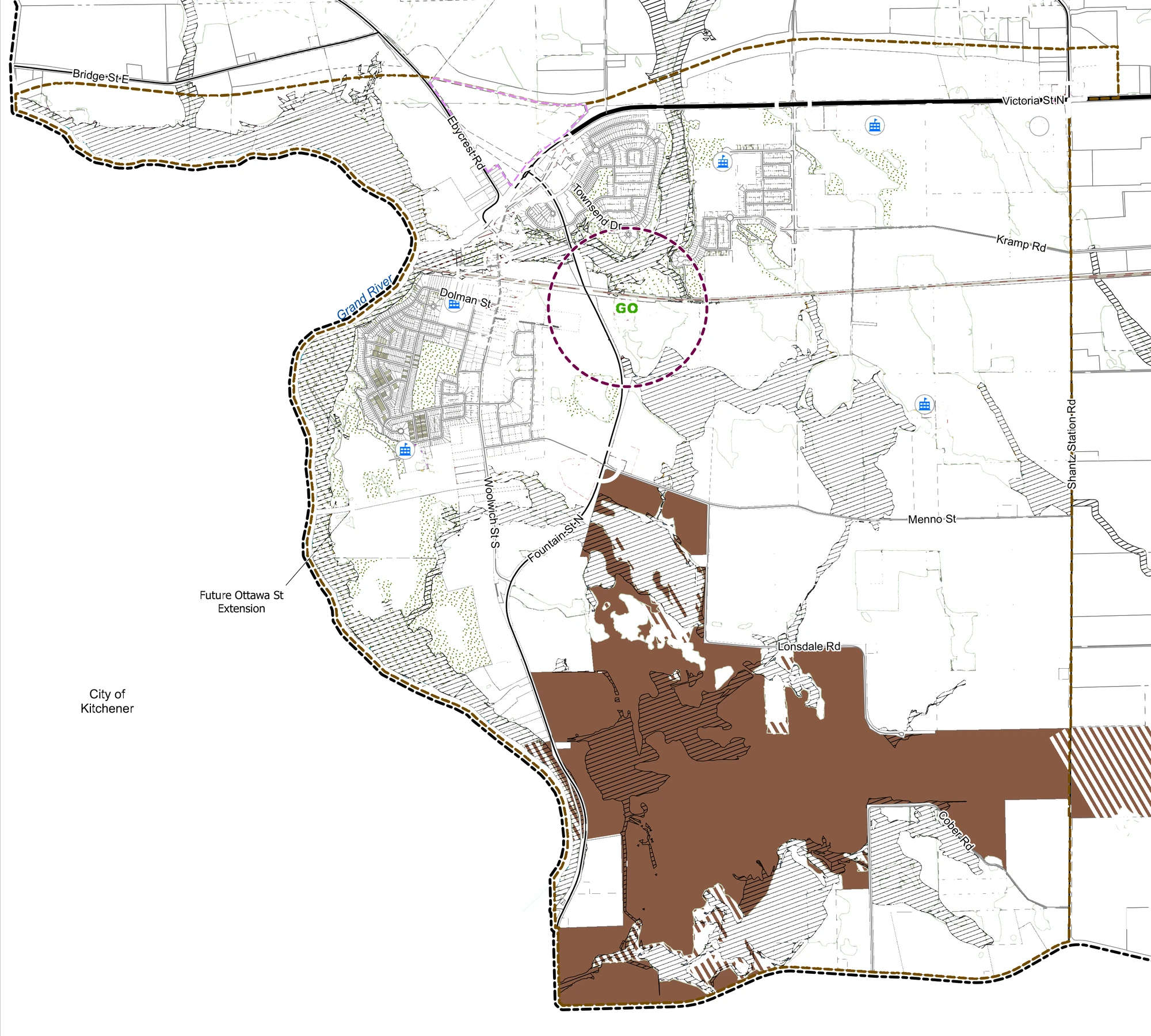 Base map of Breslau: roads, property lines, railway and the urban boundary