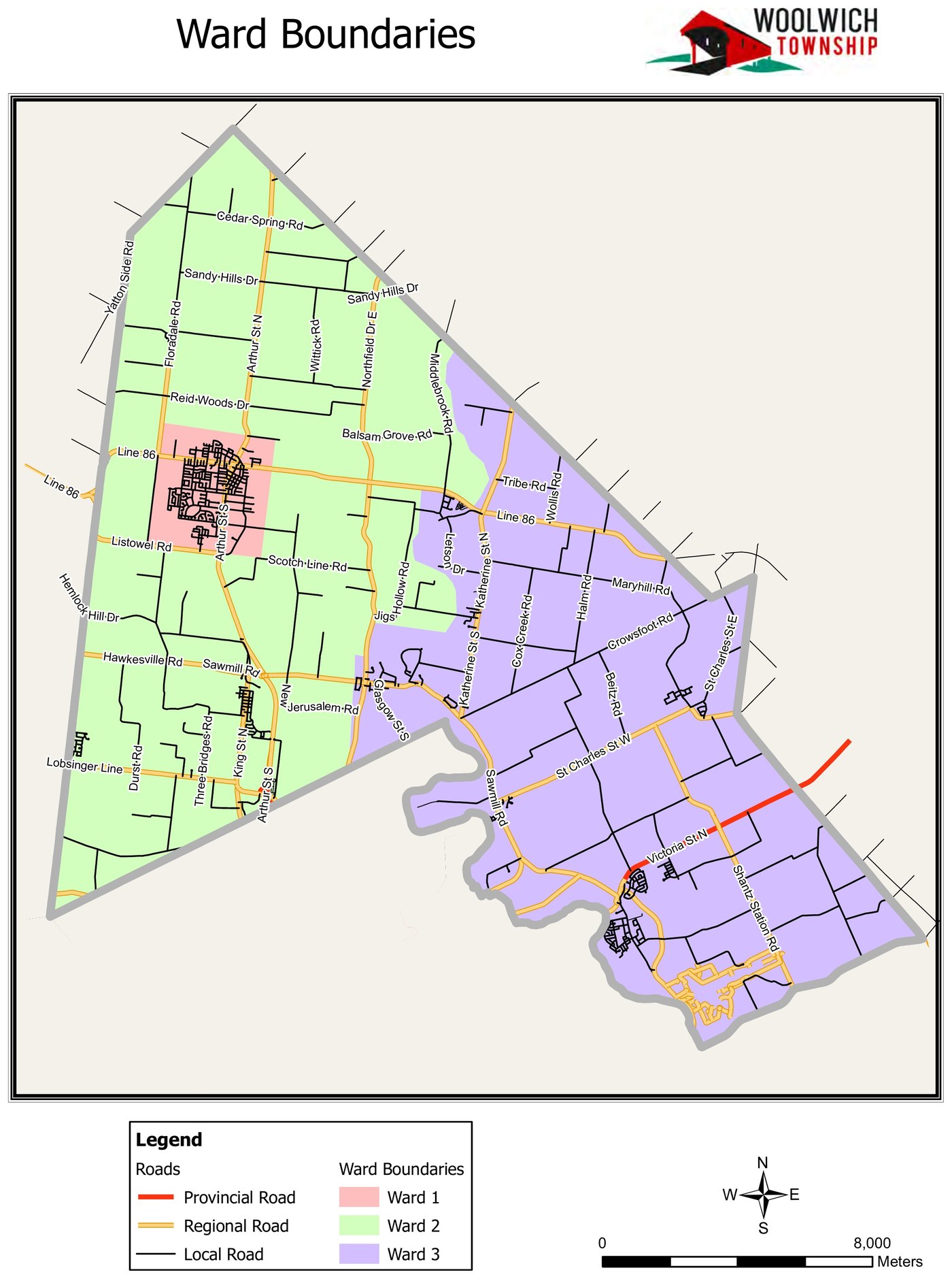 Official Township of Woolwich ward boundary map, with Ward 3 shown in purple covering Breslau and the surrounding area